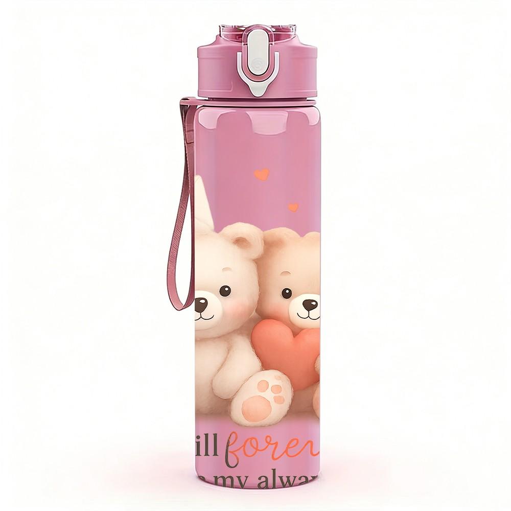 1PC Two Teddy Bear Love Art 750ml Color Plastic Sports Water Bottle Leakproof Flip Straw Lid Suitable for Sports Office Home Use