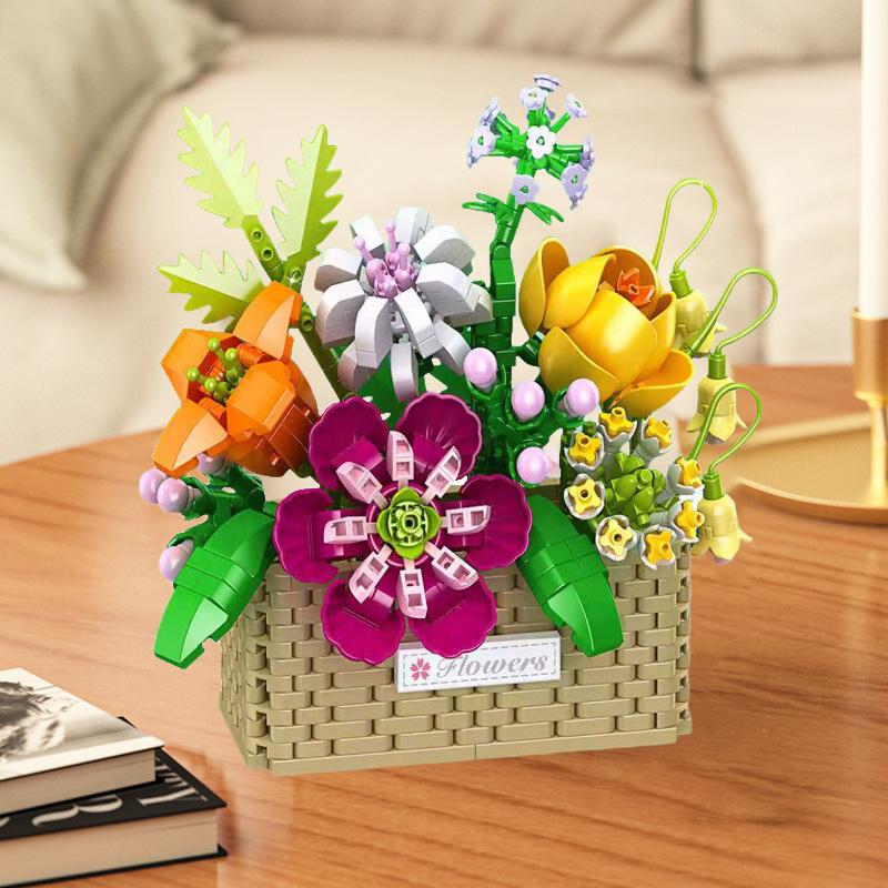 Diy Sunflower Rose Bouquet Potted Plant Creative Flower Basket Assembly Of Building Brick Set Home Decoration Children Gift