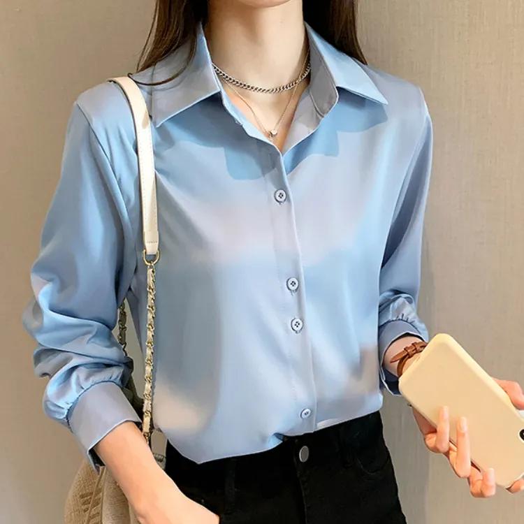 Плюс размеры: весна-лето, модная женская свободная однотонная блузка с длинным рукавом, топы, повседневная шифоновая рубашка, женские офисные женские рубашки S-3XL