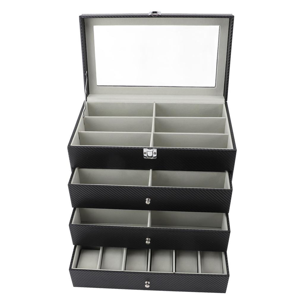 Glasses Display Case Carbon Fibre Grey Liner 4 Tiers 27 Slots Sunglass Glasses Storage Holder Box for Home