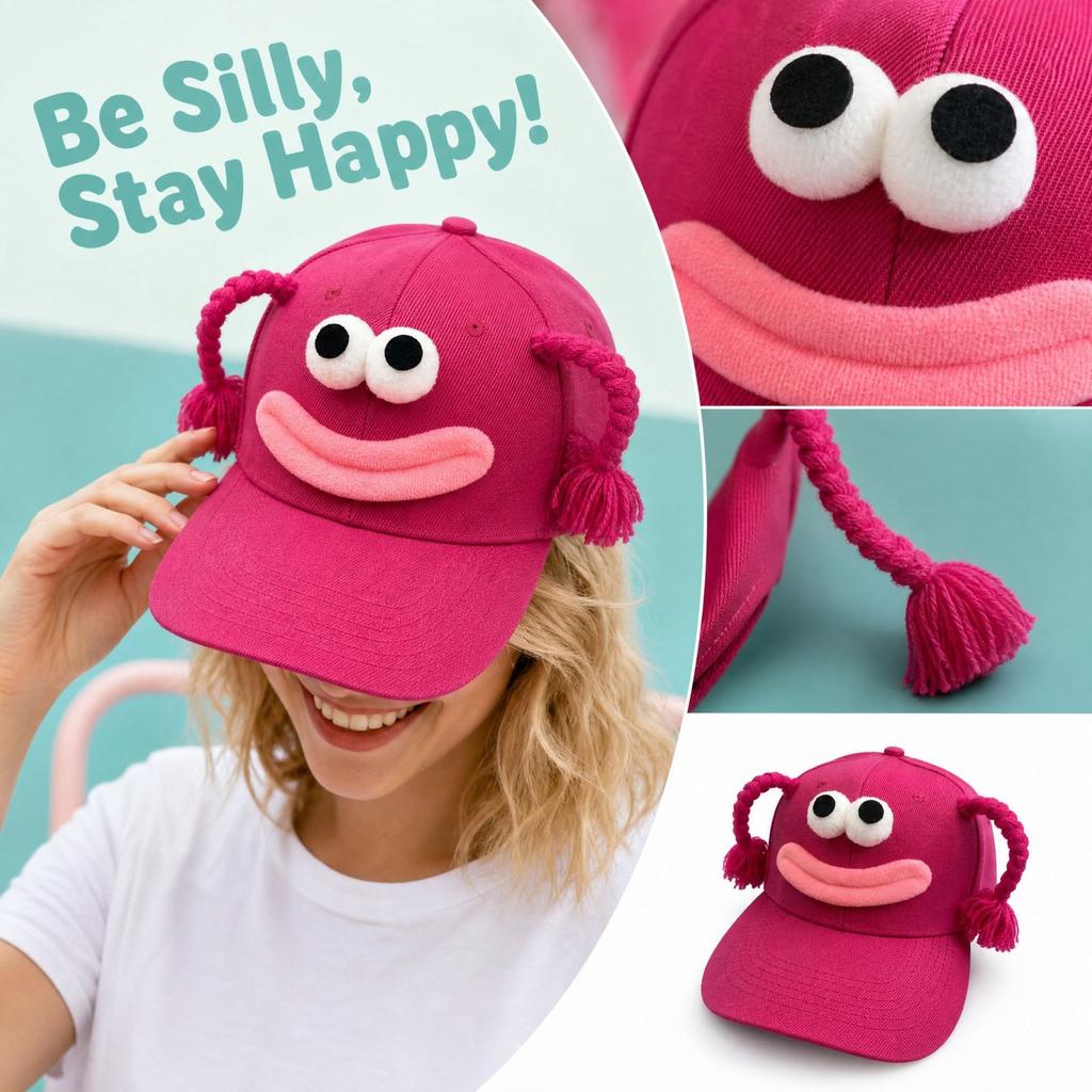 Funny Novelty Baseball with Big Mouth, Pigtails and Big Eyes, Cute Hat for Men and Women