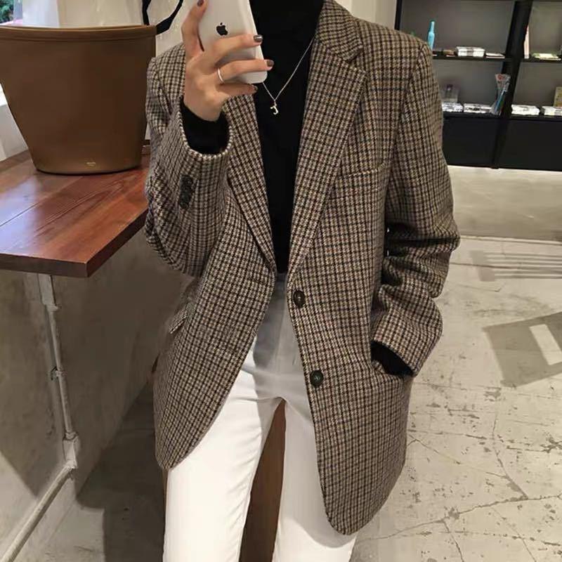 Korean Style Retro Plaid Wool Blazer - Houndstooth Long Sleeve, Thickened, Fall/Winter Collection.