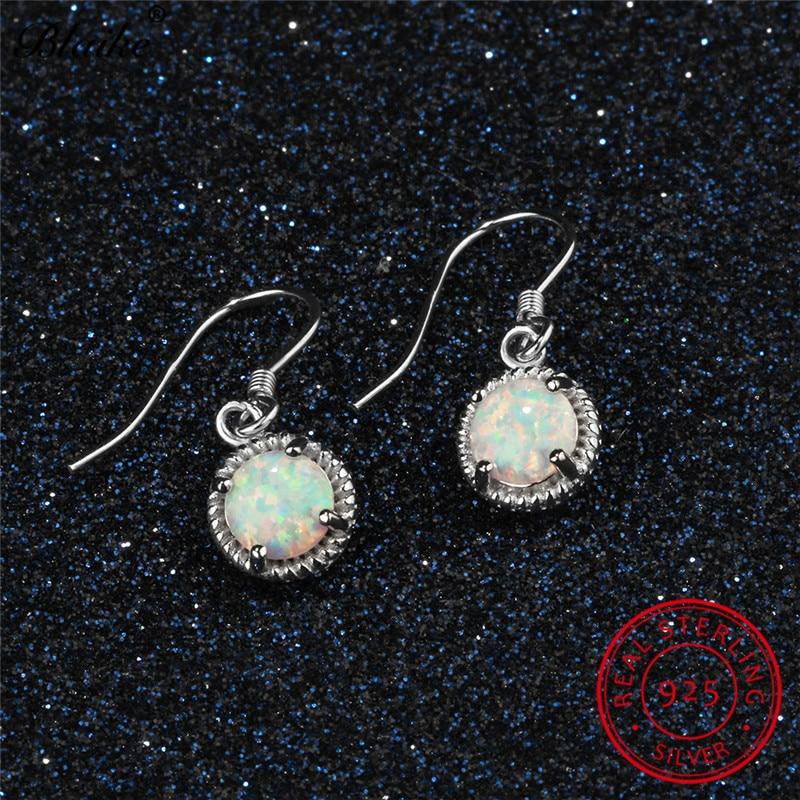 Blaike Vintage Round White Fire Opal Drop Earrings 100% 925 Sterling Silver October Birthstone Rainbow Hanging Dangle Earrings