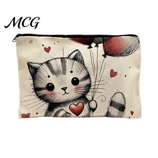 Leak-proof Storage Pouch Cat Printed Bag, with Smooth Zipper, Thickened Polyester Black Zipper Bag Makeup Multipurpose Pencil Case Travel Toiletry