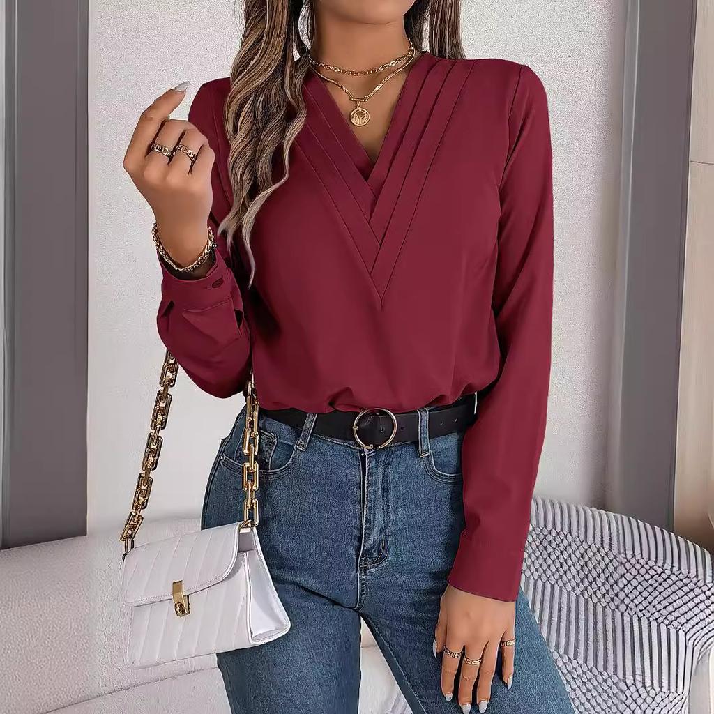 GMXIA Elegant Solid-color Layered V-neck Long-sleeved Women's Shirt for Autumn and Winter