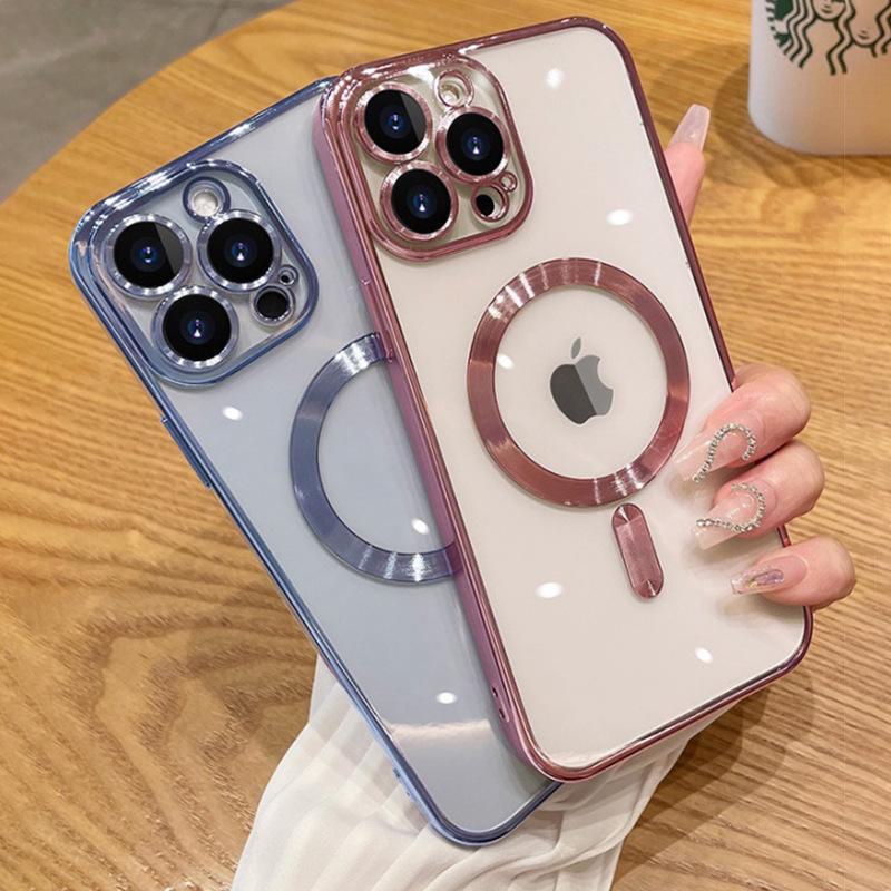 Чехол для iPhone Apple 16 Pro Max с магнитным поглощением: Гальваническое прозрачное силиконовое покрытие для 11, 12, 14 и 15