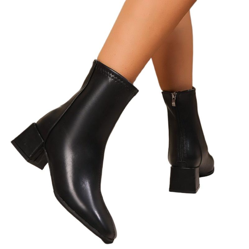 Весенне-осенняя женская обувь высокого качества, модные однотонные туфли с квадратным носком и средним каблуком, короткие женские модные ботинки с боковой молнией