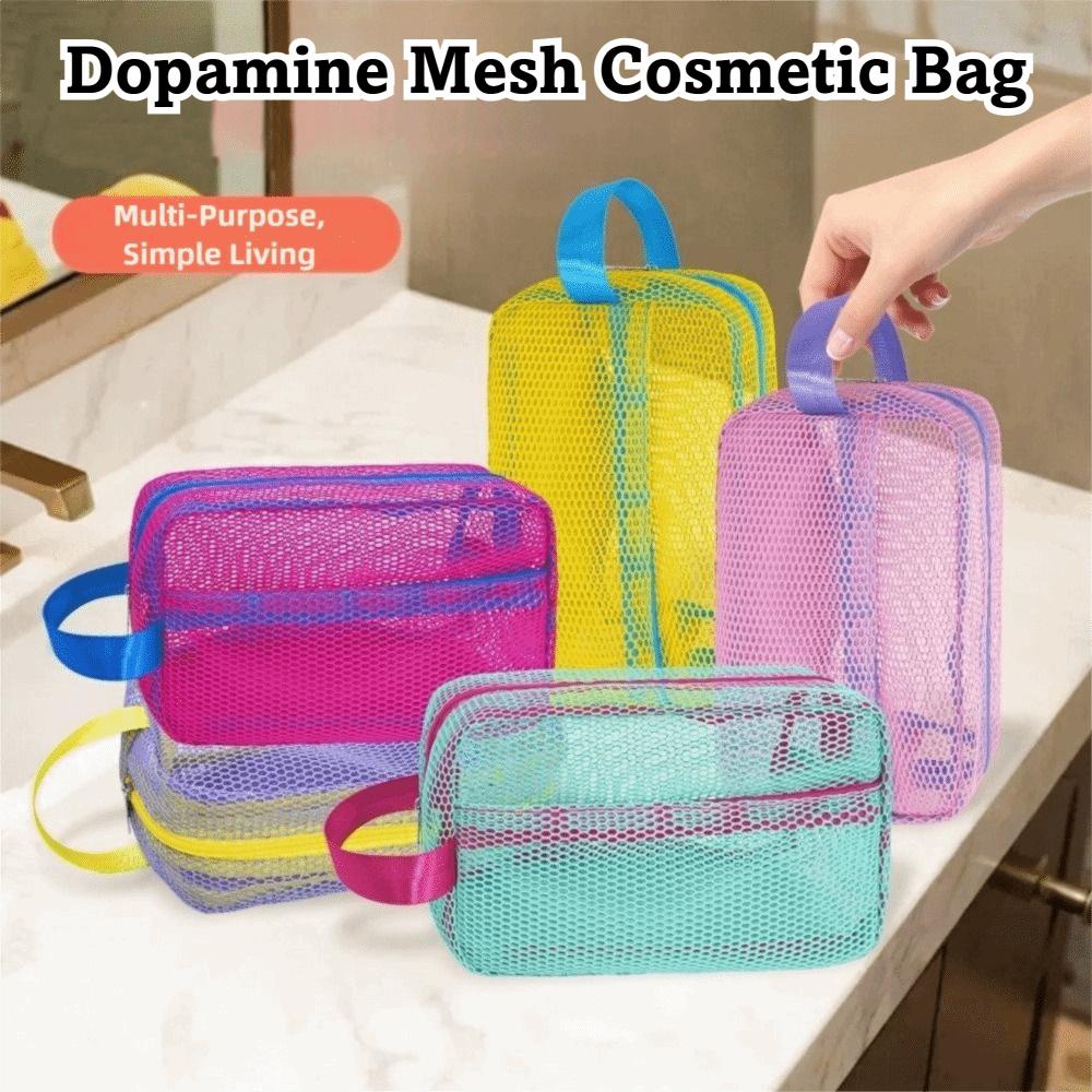 Candy Color Mesh Cosmetic Bag Large Capacity Transparent Storage Pouch with Zipper Internal Pocket