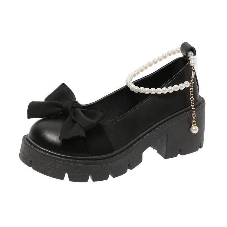 Кожаные туфли, женские туфли Мэри Джейн на толстом французском толстом каблуке с жемчужным бантом и одинарной обувью