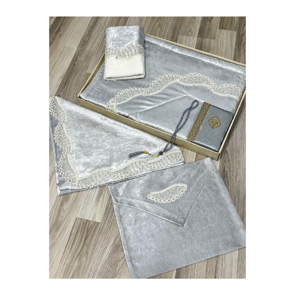 6 Piece Velvet French Laced Dowry Box Boxed Prayer Rug Set Bride Groom Set