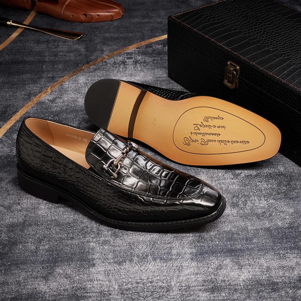 Fashion Formal Men's Oxford Shoes Pointed Toe Wedding Shoes Metal Buckle Genuine Leather Crocodile Pattern Men's Business Dress Shoes