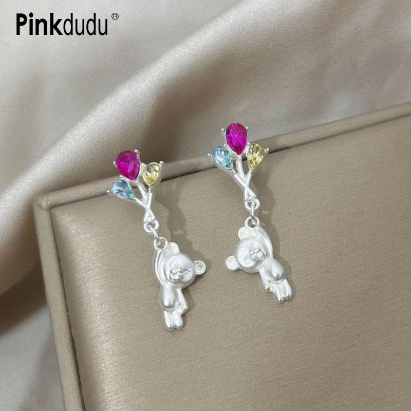 Pinkdudu Модные разноцветные серьги-капли со стразами и воздушным шаром в виде медведя, креативные милые серьги с животными для женщин, ювелирные изделия PD1462