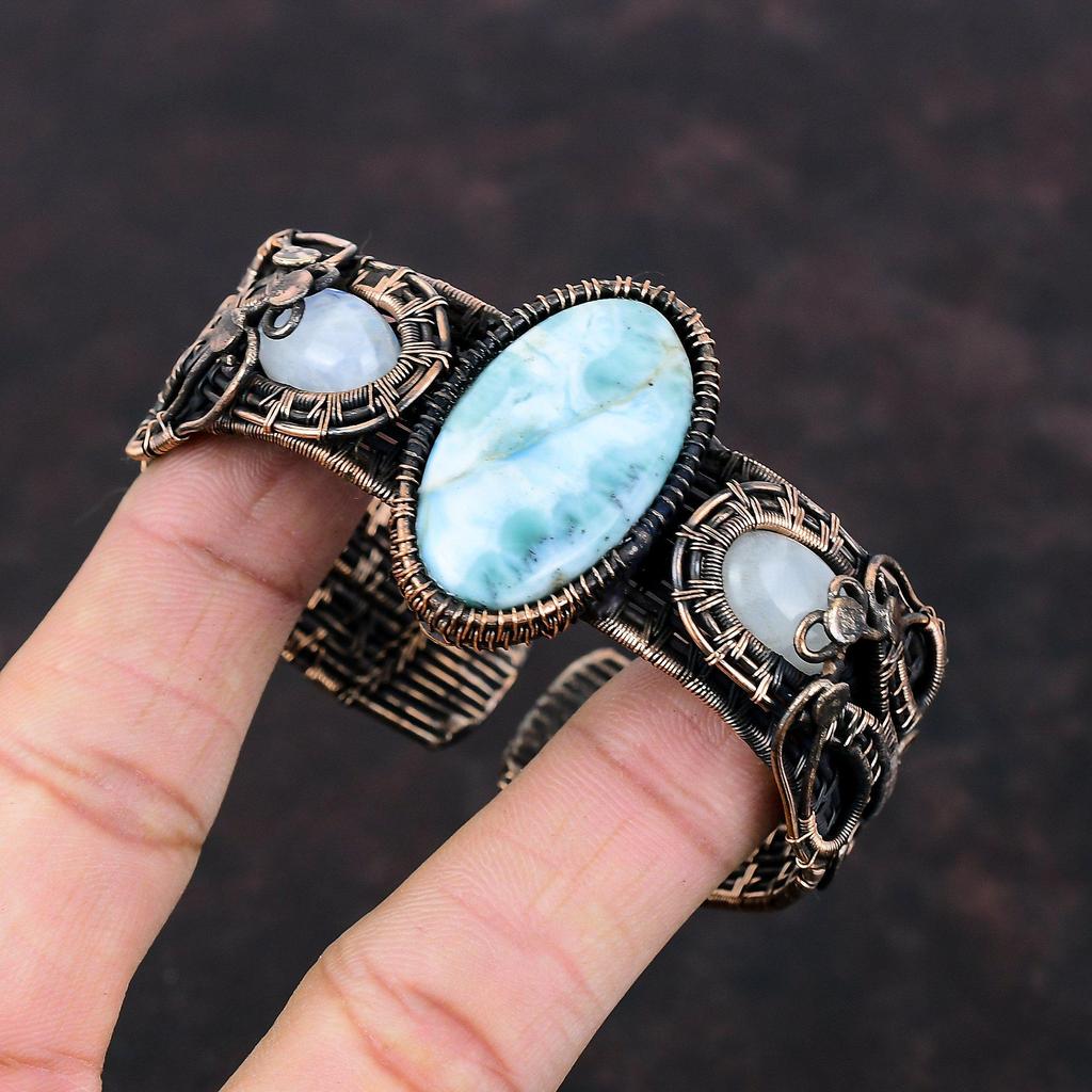 Larimar Cuff Bracelet Copper Wire Wrapped Adjustable Bangle Rainbow Moonstone Gemstone Bangle Copper Jewelry Gift For Her Handmade Bracelet