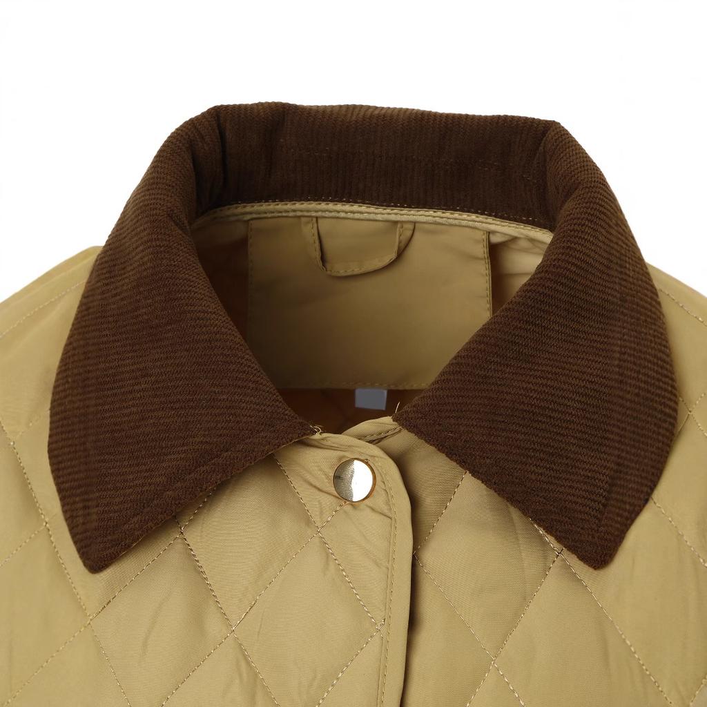 [Autumn and Winter] Apricot Corduroy Contrast Colour Collar Rhombus Plaid Short Cotton Clothing Women's Thickened Warm Tooling Cold Protection