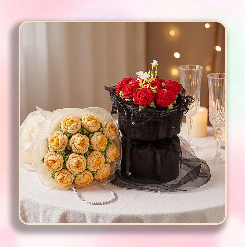 Finished Crochet Rose Preserved Flower Bouquet for Valentine's, Nurses', Teachers' Day Gifts