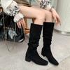Осенне-зимняя обувь из флока, плиссированные украшения, женские сапоги до бедра