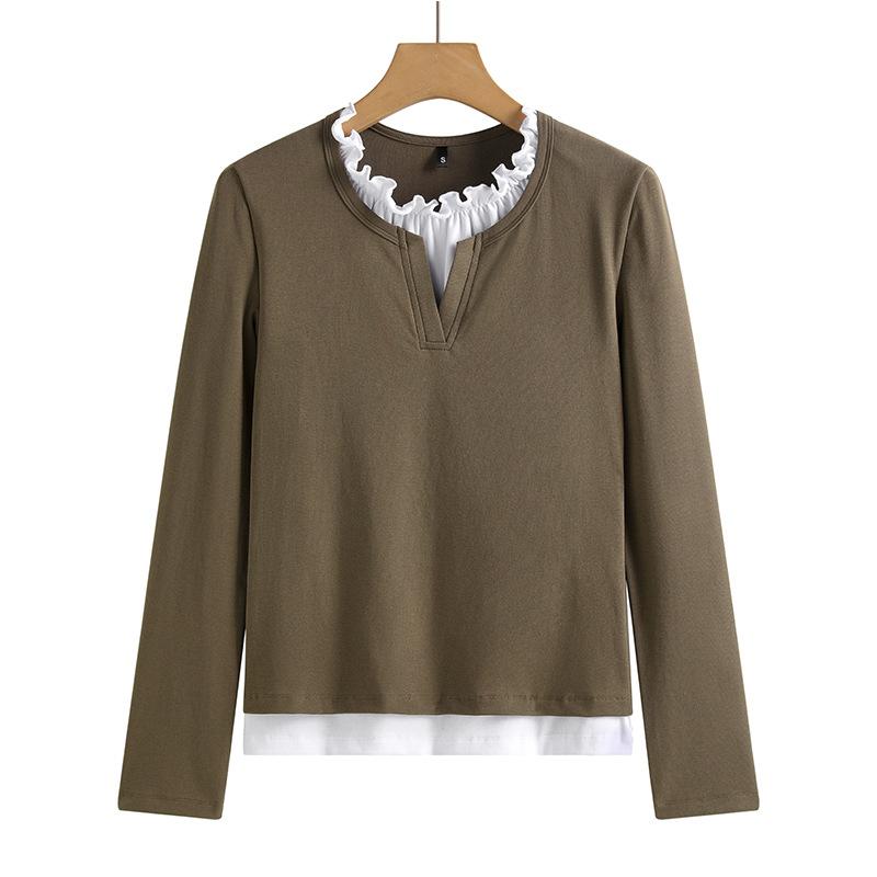 Женские топы на весну и лето, кружевной воротник, имитация двух частей, супер милая облегающая хлопковая футболка с высокой талией, имитация двух частей, длинный рукав