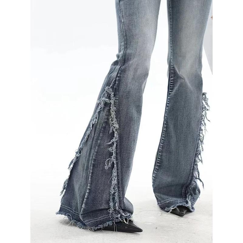 American Retro Y2K Flare Jeans Scratched Slim Bell Bottoms Women Fashion Gyaru Denim Pant  Raw Edge Trousers Hip Hop High Street