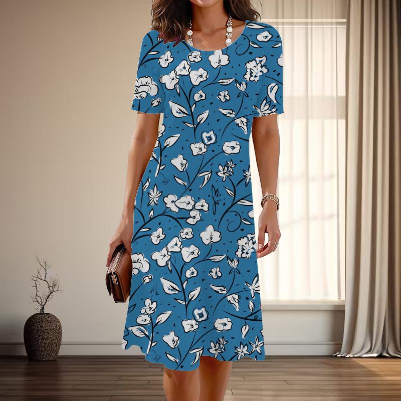 Женская мода изящный цветочный принт принт лето весна короткий рукав О-образный вырез повседневные платья