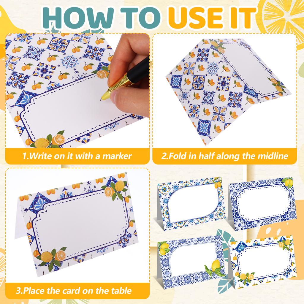 Capri Lemon Place Cards Blue Tile Table Name Labels Yellow Lemon Tent Cards Food Label For Wedding Bridal Shower Table Setting