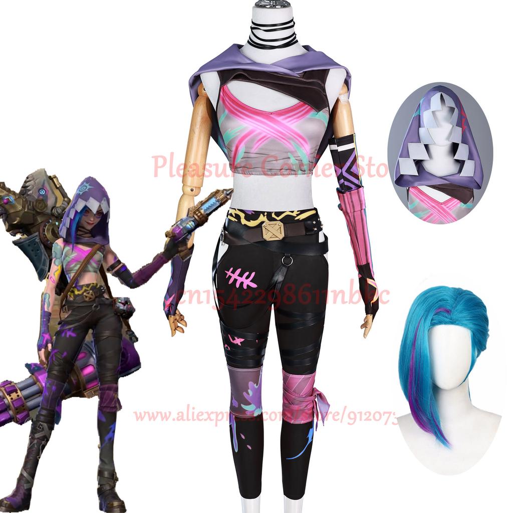 В наличии Игра LOL Arcane 2 Loose Cannon Jinx Косплей Костюм Crit Prodigy Jinx Косплей Скин Наряд Парик Женский Карнавальный Костюм