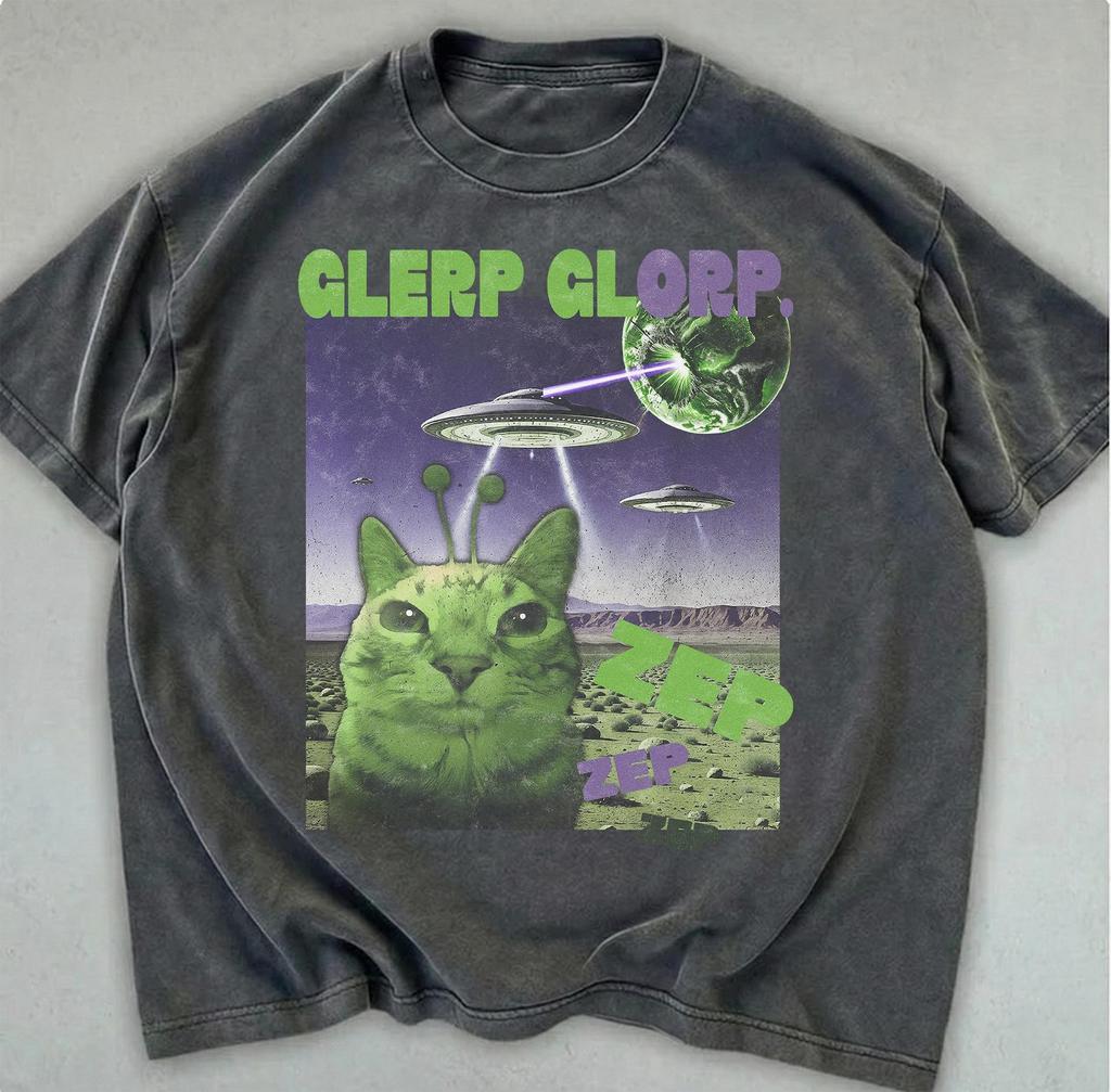 Funny Alien Cat Meme Shirt, Glerp Glorp Space UFO Retro Graphic Tee, Vintage Unisex