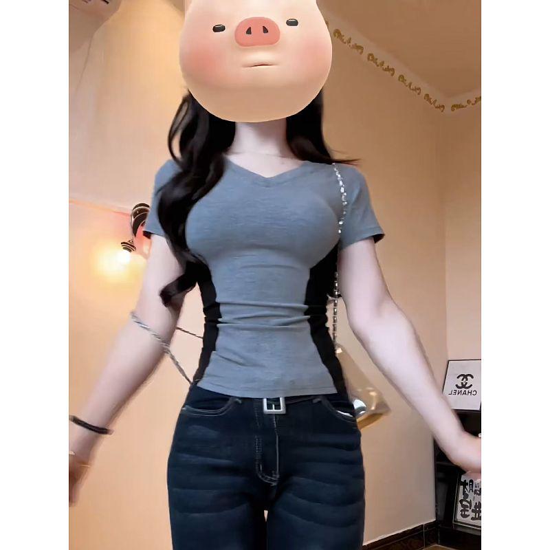 Women's American Retro Color Block V-Neck Slimming T-Shirt for Summer 2025