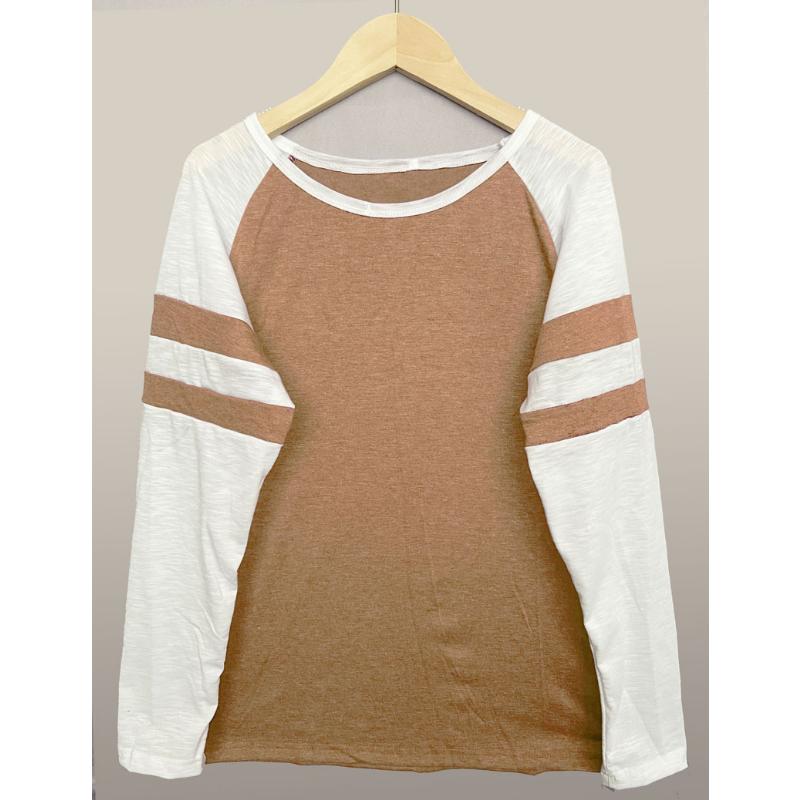 Весенне-осенняя женская блузка, модная трехцветная полосатая футболка с длинными рукавами и круглым вырезом, топы с цветными блоками