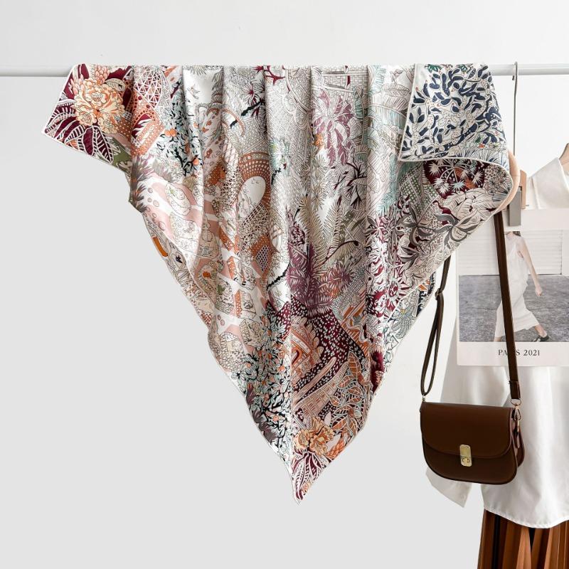 Spring and Autumn New Silk Flower Dill Large Silk Scarf Women's High Sense 100 Mulberry Silk Square Scarf Light Luxury Versatile Silk Shawl