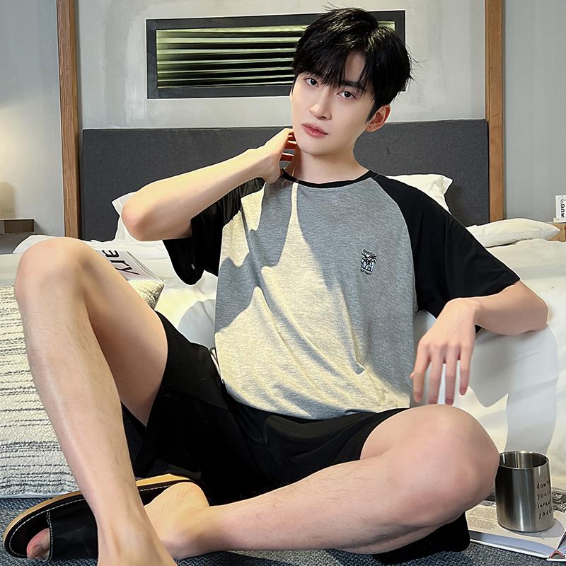 Летняя мужская пижама с коротким рукавом, модальный тонкий толстый повседневный свободный студенческий домашний костюм для молодых мальчиков, пижама Homme