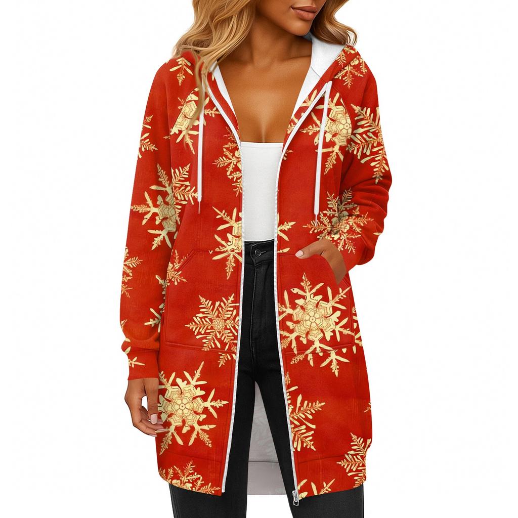 Women's Fashionable Christmas Printed Long Sleeved Drawstring Hooded Zipper Pocket Long Casual Sweatshirt Jacket