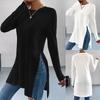 Casual Solid Color Long Sleeve T Shirt With Split Hem Round Neck
