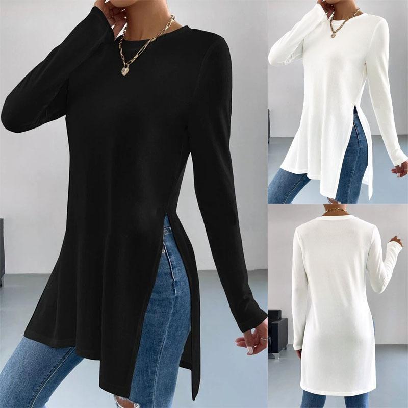 Casual Solid Color Long Sleeve T Shirt With Split Hem Round Neck