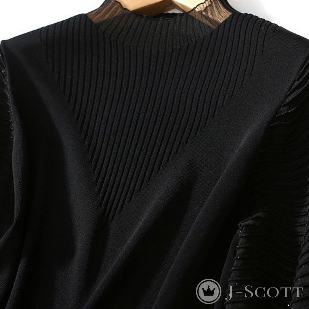 J-Scott Balloon Sleeve Knit Top with Lace Neck, Ribbed Design, Stand-Up Collar, 3/4 Sleeves, Sheer, and Puff Sleeves, Black (JS92-BK-M)