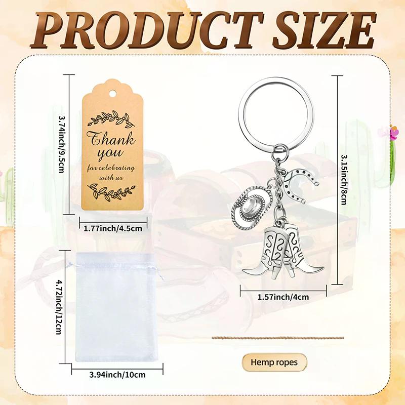 24Set Cowboy Western Party Favors Cowboy Keychain Hat Boot Horse Shoe Keyring With Organza Bags Thank You Tags And Rope