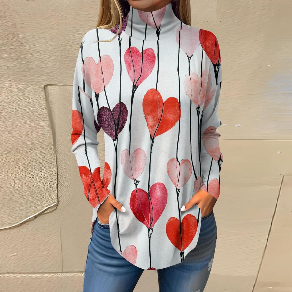 Футболки для женщин, осенние повседневные рубашки с длинным рукавом, толстовка с принтом, топ с высоким воротом, пуловер