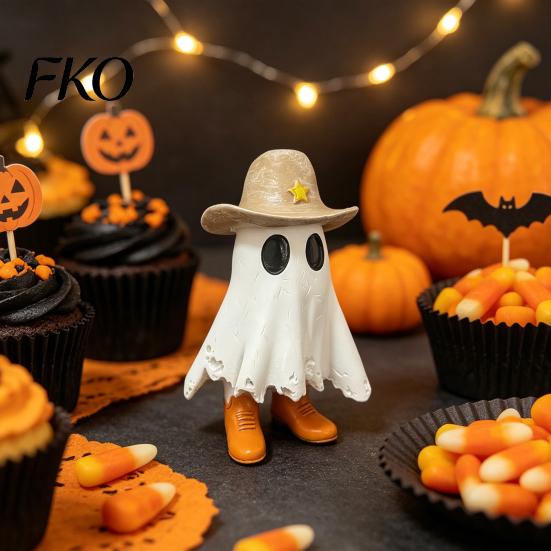White Ghost Decoration Halloween Cowboy Statue, Spooky Resin Figurine, Western Tabletop Decor Sculpture with Boot And Hat for Mantel, Tiered