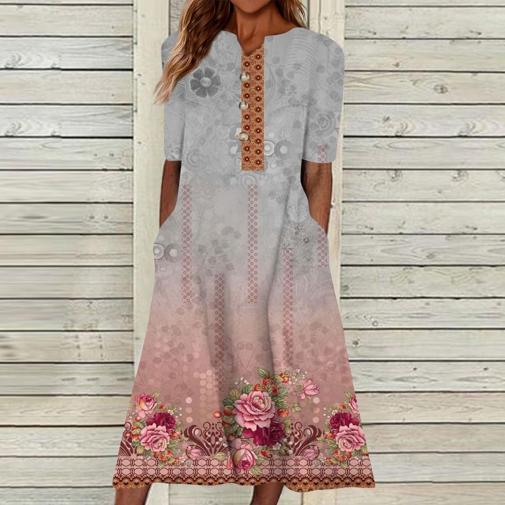 Women's Summer Casual Printed V-Neck Short-Sleeve Swing Dress