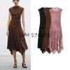 Spring New Women's Clothing Asymmetric Hem Ruched Silk Net Stand Collar Sleeveless Midi Skirt Dress 5039311