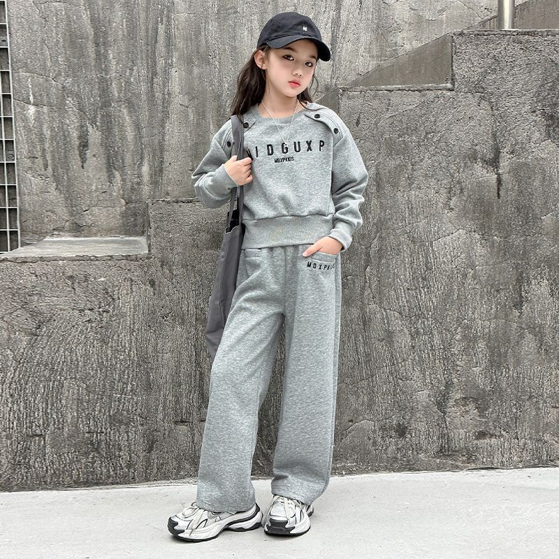 Teenager Gray Girls Sport Suit Winter Spring Clothes Long Sleeve Sweatshirt & Wide Leg Pant Casual 4 8 10 11 12 Years Child