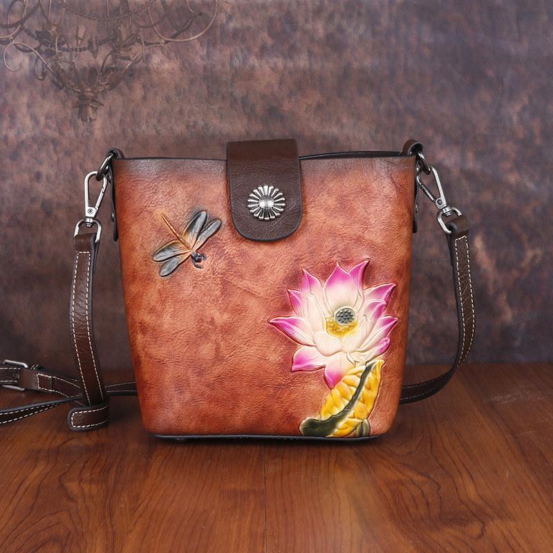 Винтажный дизайн Lotus Embossing Сумки через плечо из натуральной кожи Сумка через плечо для женщин Дамский кошелек GZW