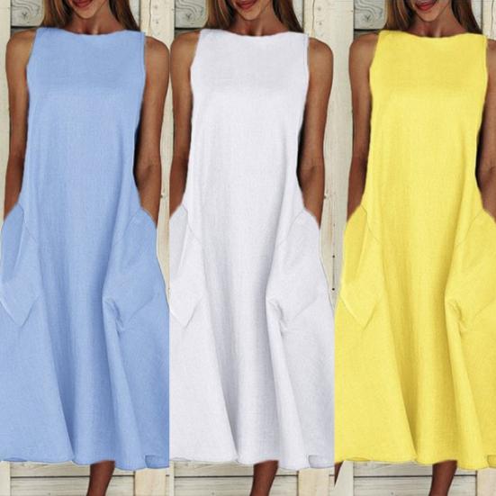 Винтажное женское однотонное платье с круглым вырезом, без рукавов, с карманами, с широким подолом, длинное, свободного кроя