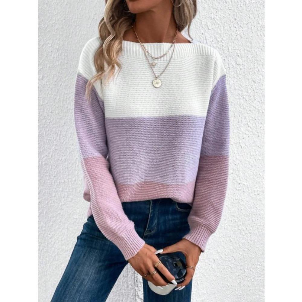 Elegant Three-color Patchwork Sweater Women Daily Commuter Casual Loose Jumpers Female Autumn Winter Knitted Thickened Warm Tops