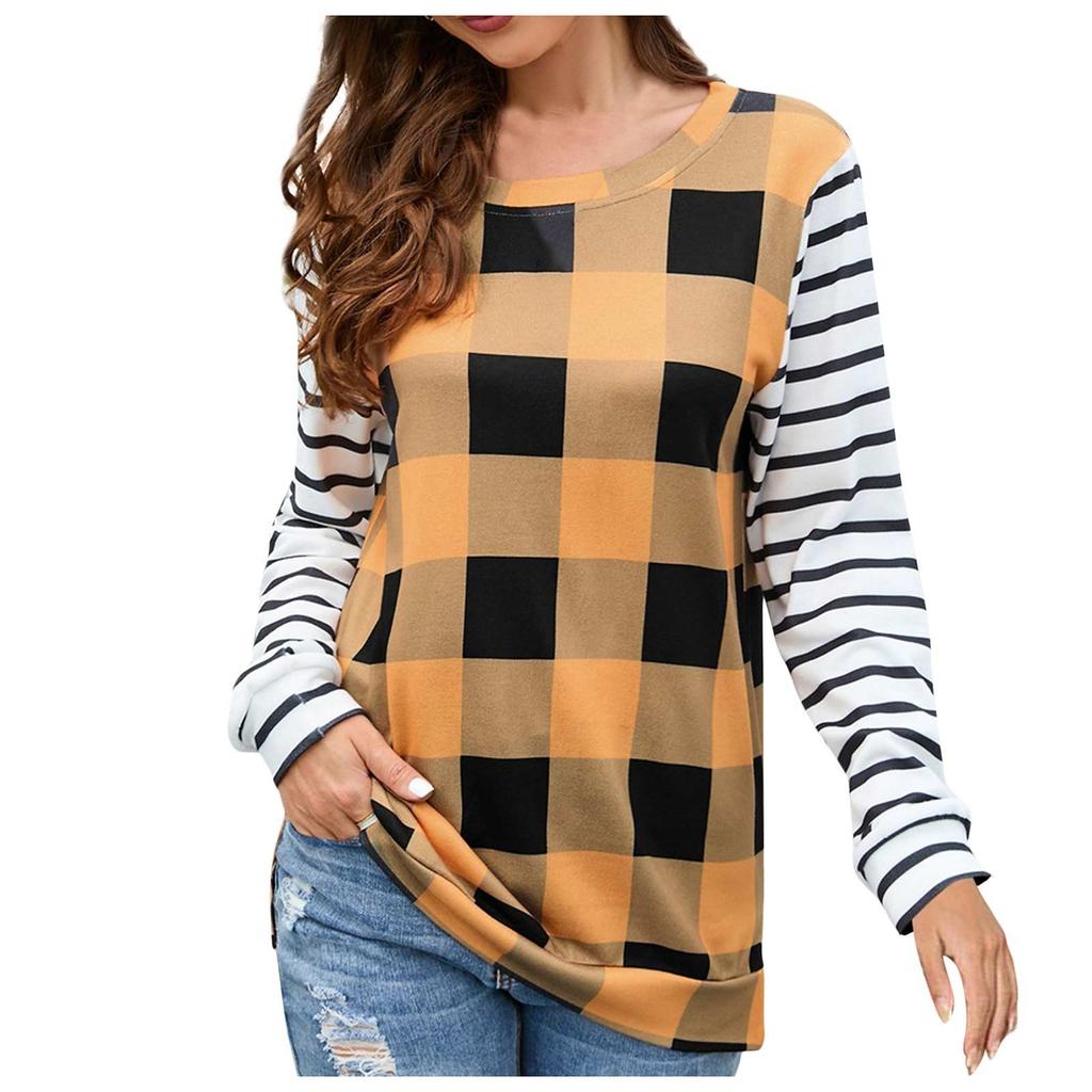 Женская модная повседневная клетчатая плюшевая футболка с круглым вырезом и длинным рукавом