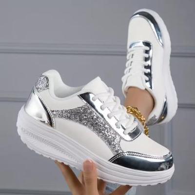Женские кроссовки с пайетками, на шнуровке, на платформе, декорированные пайетками, обувь для ходьбы, обувь для рока