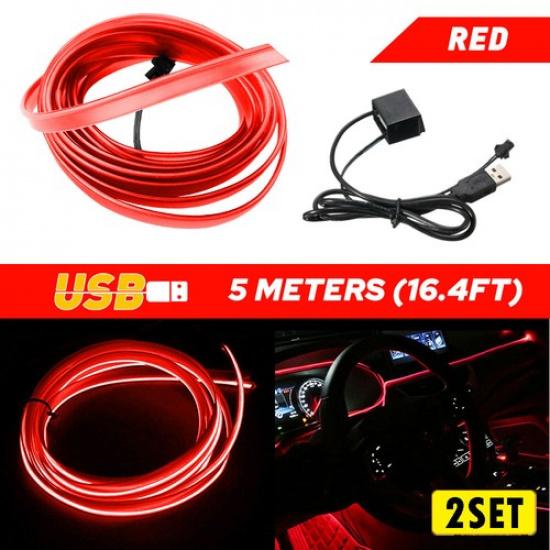 500CM Car LED Interior Atmosphere Decor Wire EL USB Strip Lights Lamp Bulbs Red