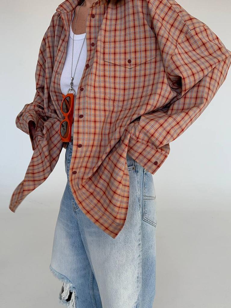 Women’s Plaid Button Down Shirt, Oversized Long Sleeve Checkered Blouse, Casual Relaxed Fit Fall Top