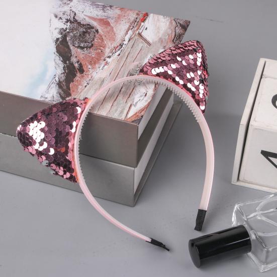 Girl Headband Sparkling Sequins Three-Dimensional Cat Ear Shape Painless Wearing Arc Hair Hoop Kids Daily Party Hair Accessory