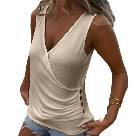 Женский жилет с V-образным вырезом, без рукавов, плиссированный, с пуговицами, декорированный, однотонный, летний, из мягкой эластичной ткани, топы