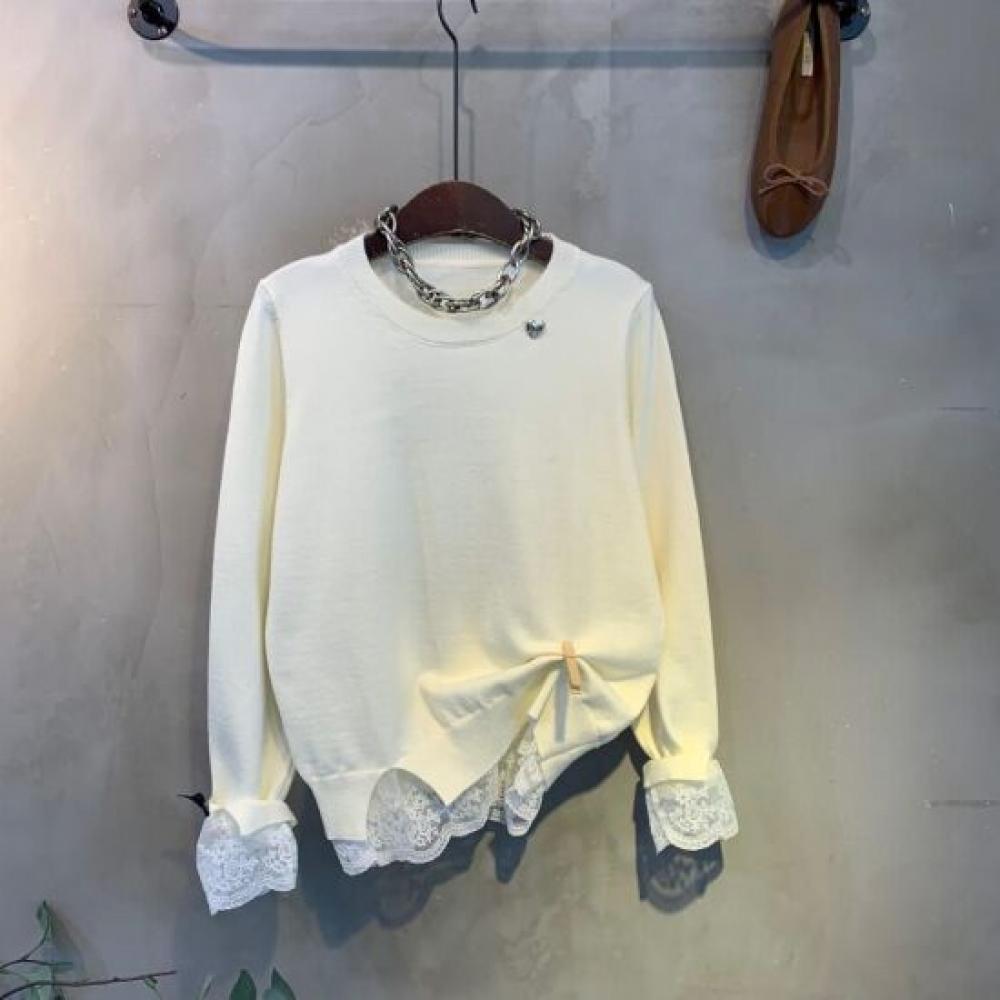 C S In The Room Women Eibe laCe Ribbon poInt Color bloCk brooCh Long Sleeve Knit